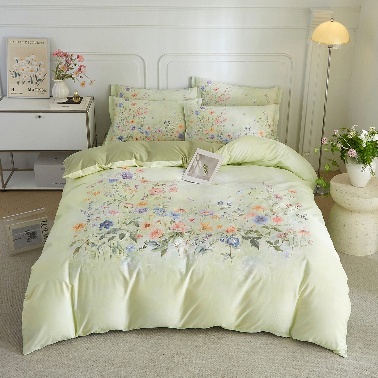 91家纺网 家纺一手货源 找家纺 锦彩家居 2026新款全棉纯棉印花60支贡缎新疆长绒棉四件套-山月记系列 烟柳绿