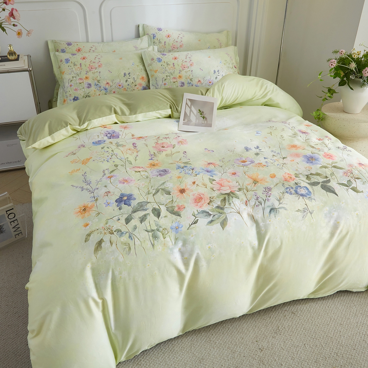 91家纺网 家纺一手货源 找家纺 锦彩家居 2026新款全棉纯棉印花60支贡缎新疆长绒棉四件套-山月记系列 烟柳绿