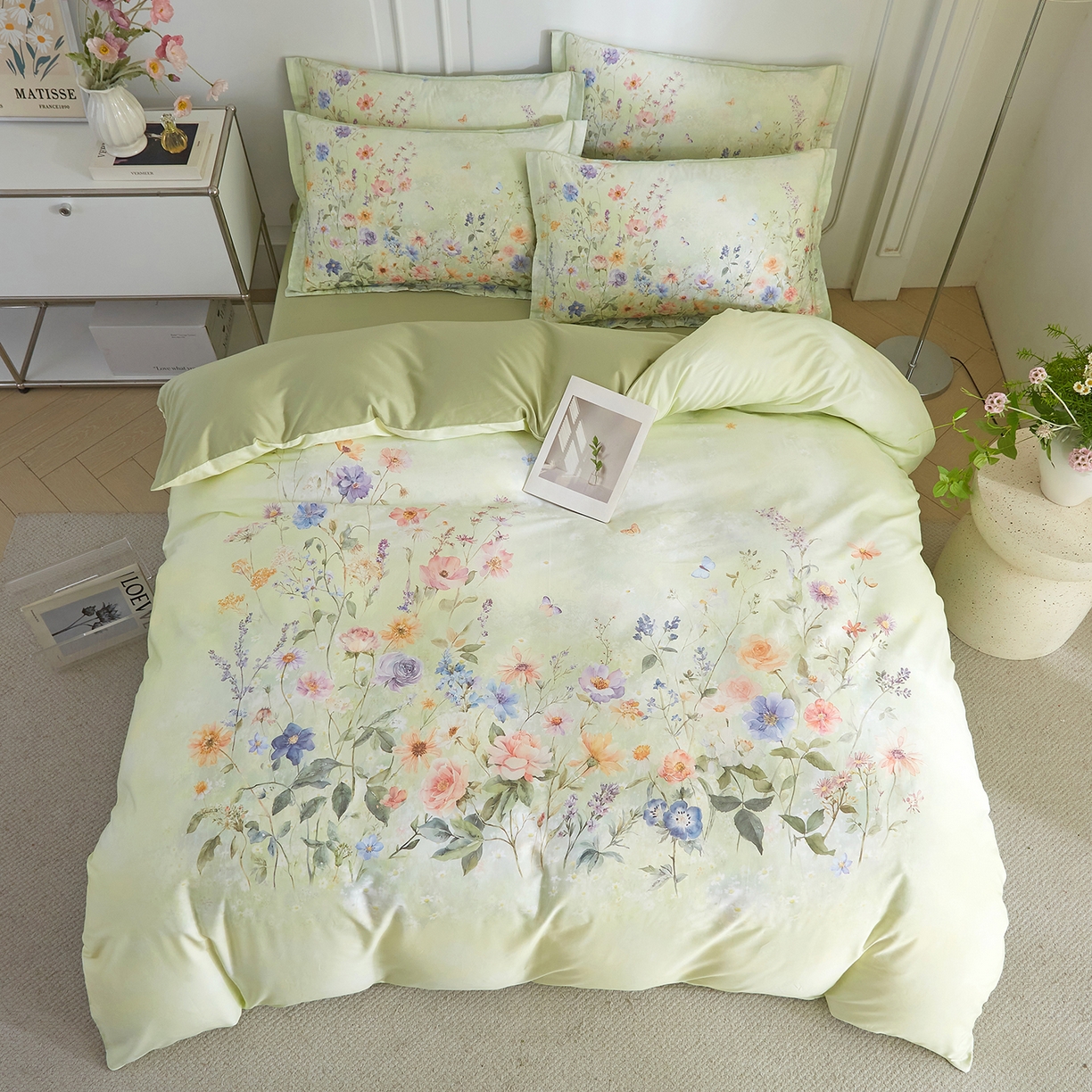 91家纺网 家纺一手货源 找家纺 锦彩家居 2026新款全棉纯棉印花60支贡缎新疆长绒棉四件套-山月记系列 烟柳绿