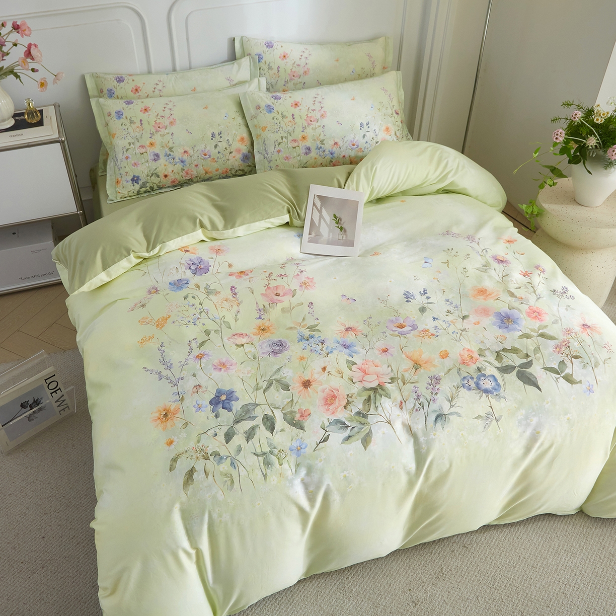 91家纺网 家纺一手货源 找家纺 锦彩家居 2026新款全棉纯棉印花60支贡缎新疆长绒棉四件套-山月记系列 烟柳绿