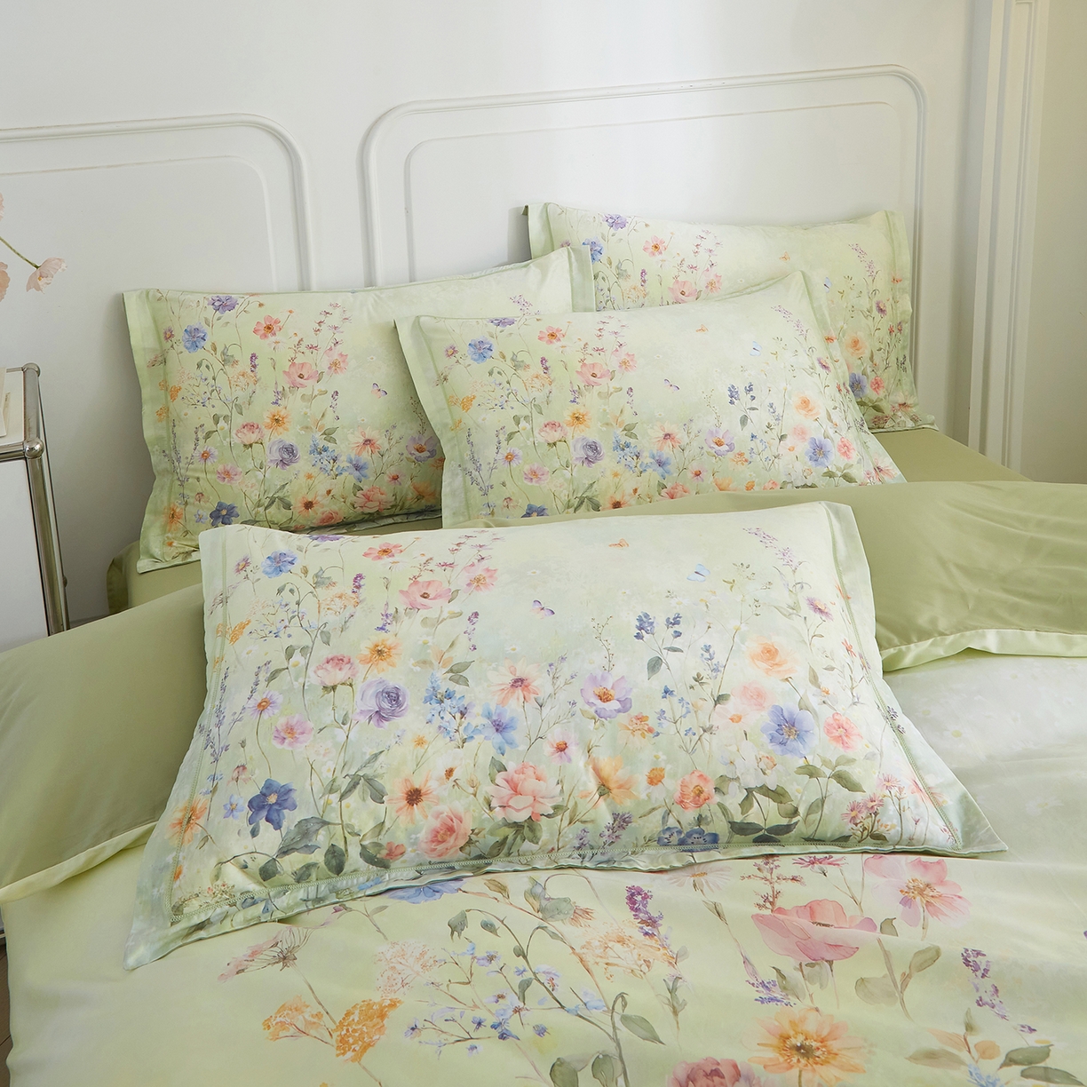 91家纺网 家纺一手货源 找家纺 锦彩家居 2026新款全棉纯棉印花60支贡缎新疆长绒棉四件套-山月记系列 烟柳绿