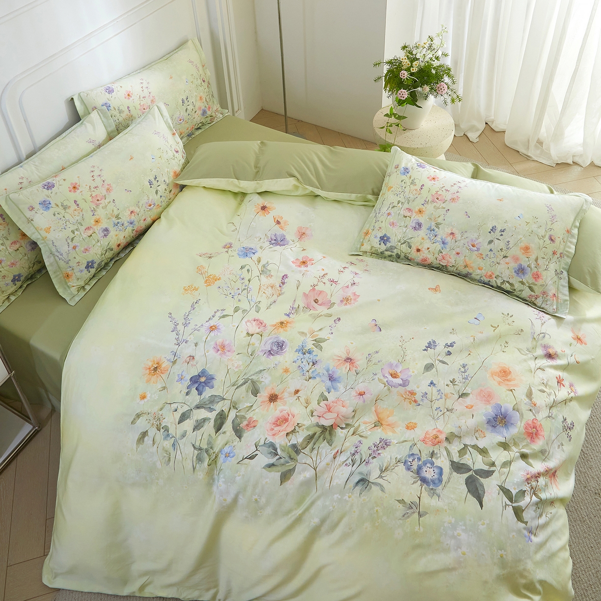 91家纺网 家纺一手货源 找家纺 锦彩家居 2026新款全棉纯棉印花60支贡缎新疆长绒棉四件套-山月记系列 烟柳绿