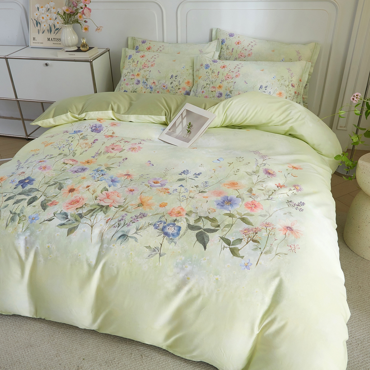 91家纺网 家纺一手货源 找家纺 锦彩家居 2026新款全棉纯棉印花60支贡缎新疆长绒棉四件套-山月记系列 烟柳绿