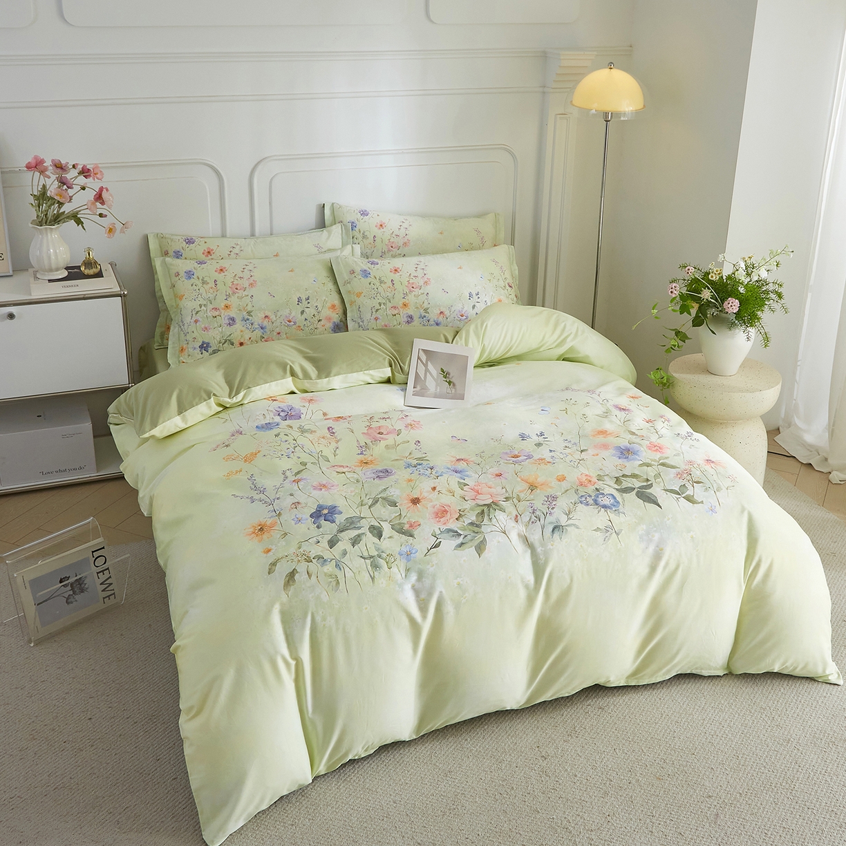 91家纺网 家纺一手货源 找家纺 锦彩家居 2026新款全棉纯棉印花60支贡缎新疆长绒棉四件套-山月记系列 烟柳绿