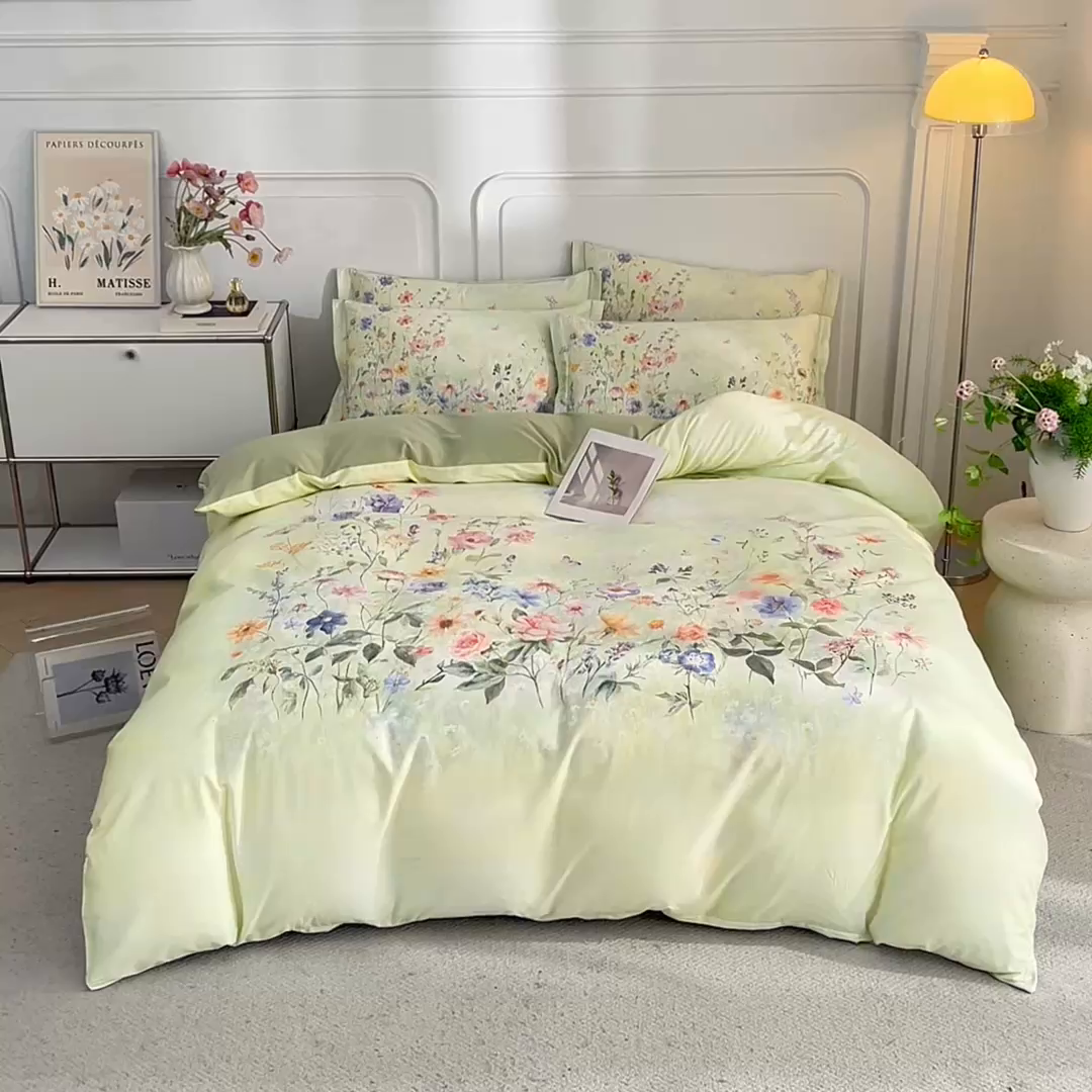 91家纺网 家纺一手货源 找家纺 锦彩家居 2026新款全棉纯棉印花60支贡缎新疆长绒棉四件套-山月记系列 烟柳绿