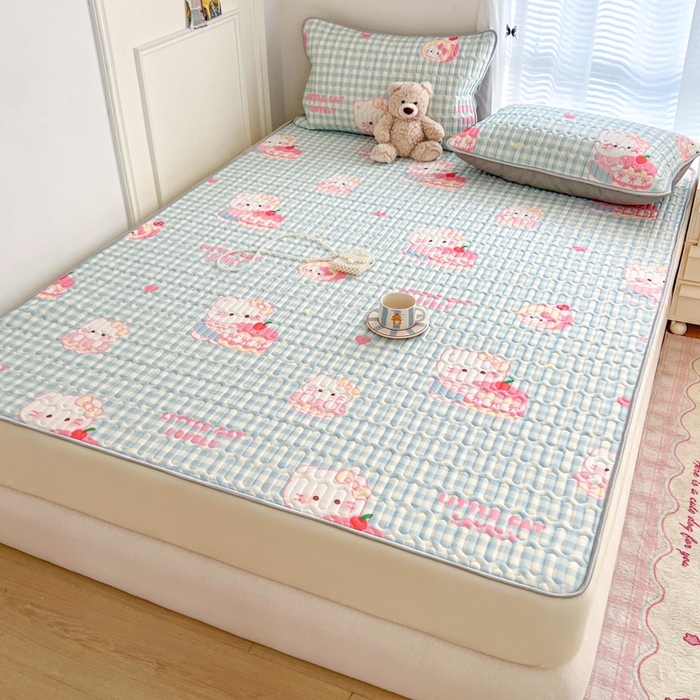 91家纺网 家纺一手货源 找家纺 柒月家居 2026新款小清新床笠款乳胶凉席床笠夏被四件套 床笠-蓝格甜猫