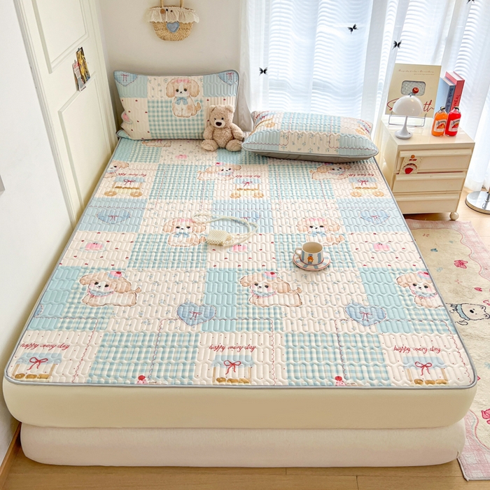 91家纺网 家纺一手货源 找家纺 柒月家居 2026新款小清新床笠款乳胶凉席床笠夏被四件套 床笠-蓝块汪仔