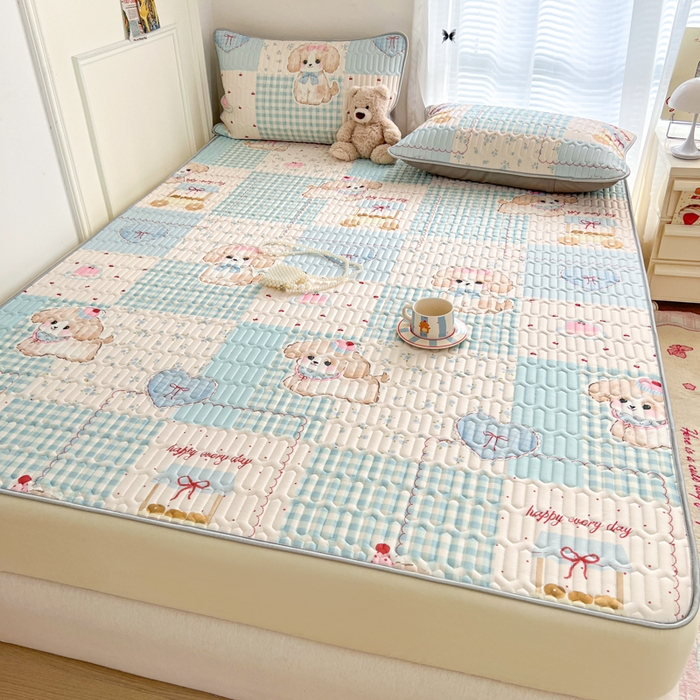 91家纺网 家纺一手货源 找家纺 柒月家居 2026新款小清新床笠款乳胶凉席床笠夏被四件套 床笠-蓝块汪仔