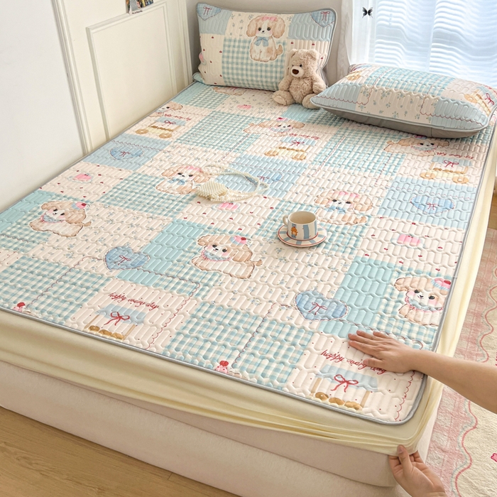 91家纺网 家纺一手货源 找家纺 柒月家居 2026新款小清新床笠款乳胶凉席床笠夏被四件套 床笠-蓝块汪仔