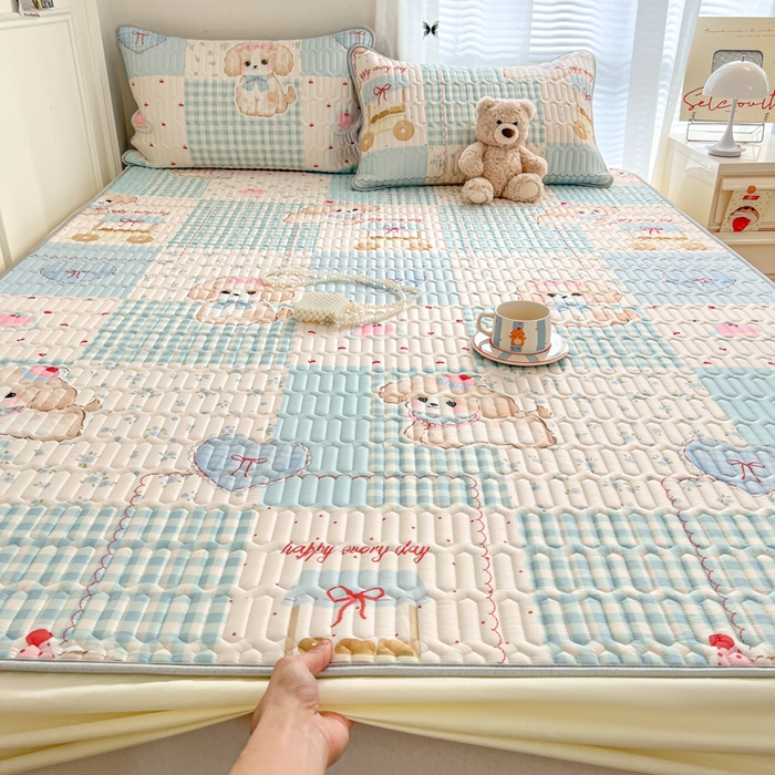 91家纺网 家纺一手货源 找家纺 柒月家居 2026新款小清新床笠款乳胶凉席床笠夏被四件套 床笠-蓝块汪仔