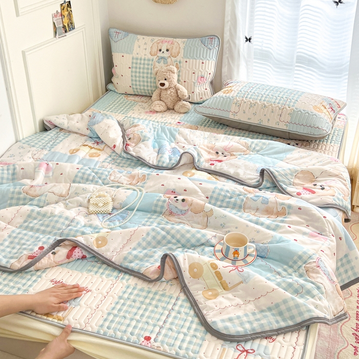 91家纺网 家纺一手货源 找家纺 柒月家居 2026新款小清新床笠款乳胶凉席床笠夏被四件套 床笠-蓝块汪仔