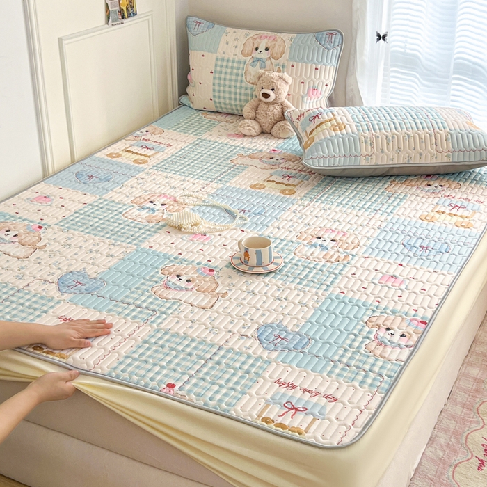 91家纺网 家纺一手货源 找家纺 柒月家居 2026新款小清新床笠款乳胶凉席床笠夏被四件套 床笠-蓝块汪仔