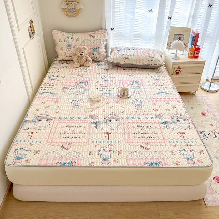 91家纺网 家纺一手货源 找家纺 柒月家居 2026新款小清新床笠款乳胶凉席床笠夏被四件套 床笠-奶盖猫咪