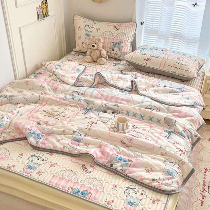 91家纺网 家纺一手货源 找家纺 柒月家居 2026新款小清新床笠款乳胶凉席床笠夏被四件套 床笠-奶盖猫咪