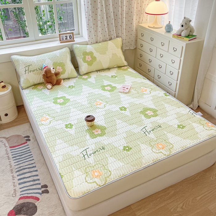 91家纺网 家纺一手货源 找家纺 柒月家居 2026新款小清新床笠款乳胶凉席床笠夏被四件套 床笠-花季