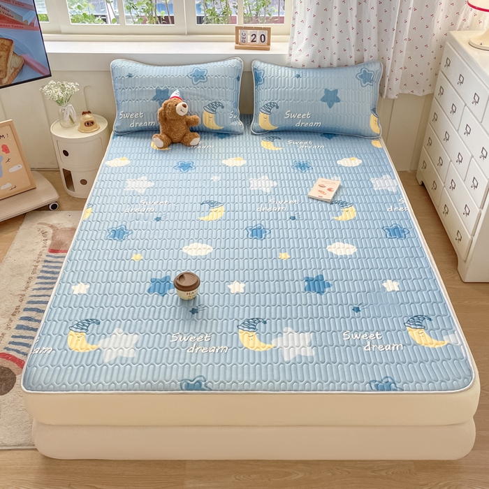 91家纺网 家纺一手货源 找家纺 柒月家居 2026新款小清新床笠款乳胶凉席床笠夏被四件套 床笠-星星月亮