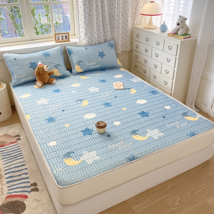 91家纺网 家纺一手货源 找家纺 柒月家居 2026新款小清新床笠款乳胶凉席床笠夏被四件套 床笠-星星月亮