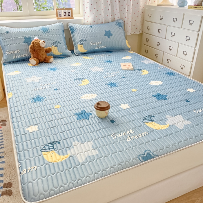 91家纺网 家纺一手货源 找家纺 柒月家居 2026新款小清新床笠款乳胶凉席床笠夏被四件套 床笠-星星月亮