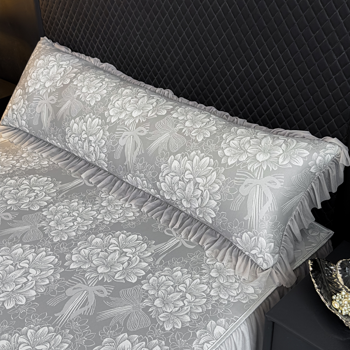 家之硕 2026新款冰丝凉席枕套 百合捧花--浅灰