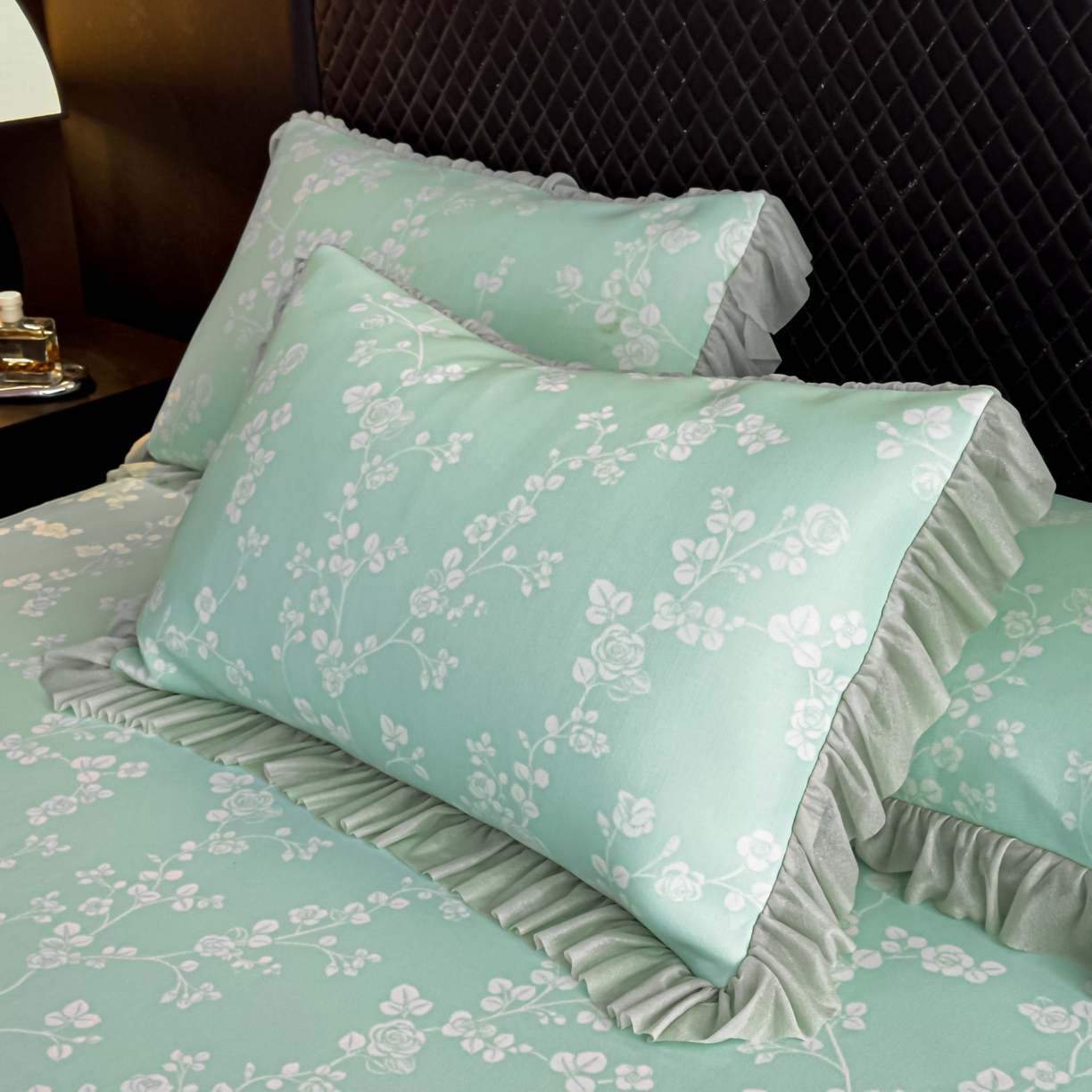 91家纺网 家纺一手货源 找家纺 家之硕 2026新款冰丝凉席枕套 蔷薇玫瑰--绿