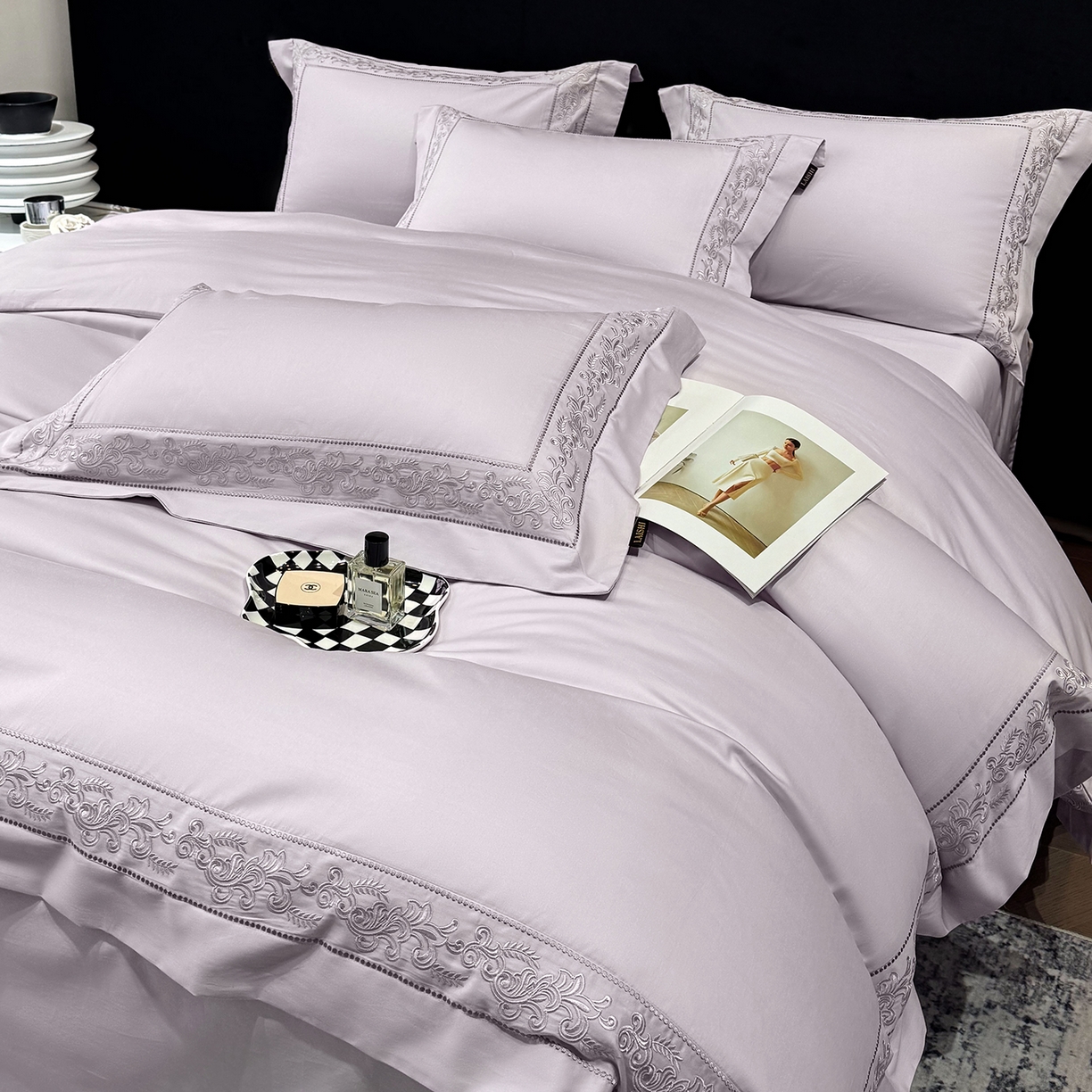 91家纺网 家纺一手货源 找家纺 欣宜家纺 2026新品全棉纯棉50x50s埃及贡缎长绒棉刺绣绣花四件套 赛娜-香芋紫