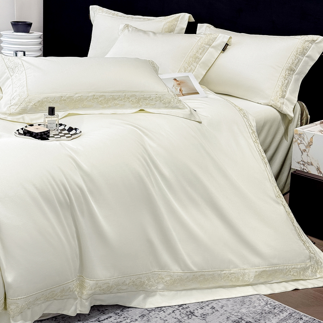 91家纺网 家纺一手货源 找家纺 欣宜家纺 2026新品全棉纯棉50x50s埃及贡缎长绒棉刺绣绣花四件套 赛娜-奶昔白