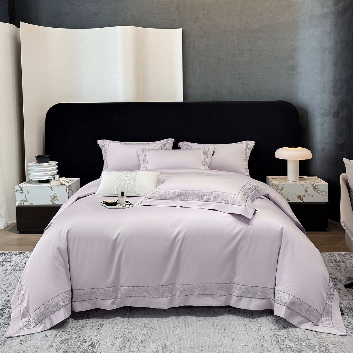 91家纺网 家纺一手货源 找家纺 欣宜家纺 2026新品全棉纯棉50x50s埃及贡缎长绒棉刺绣绣花四件套 赛娜-香芋紫