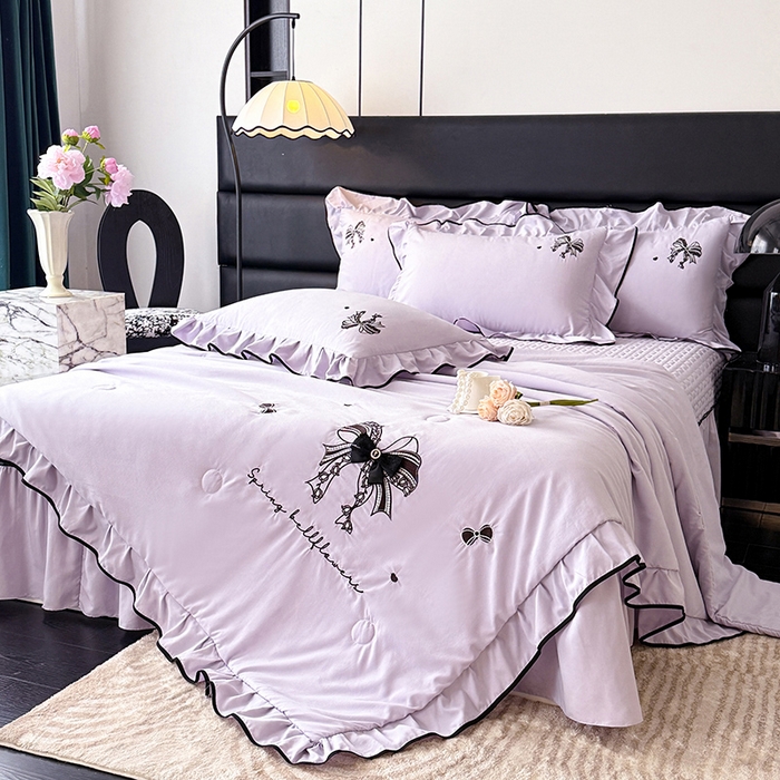 91家纺网 家纺一手货源 找家纺 优贝家纺 2026春夏新款多功能夏被床盖四件套刺绣 赫本-紫