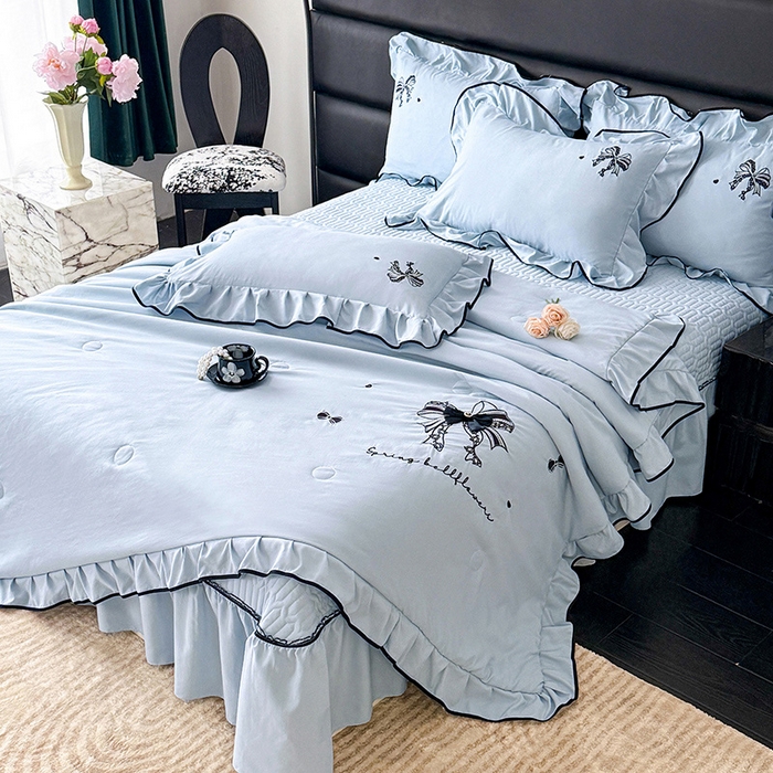 91家纺网 家纺一手货源 找家纺 优贝家纺 2026春夏新款多功能夏被床盖四件套刺绣 赫本-兰