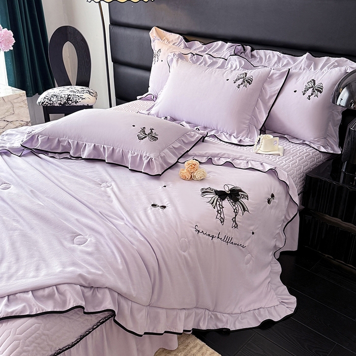 91家纺网 家纺一手货源 找家纺 优贝家纺 2026春夏新款多功能夏被床盖四件套刺绣 赫本-紫