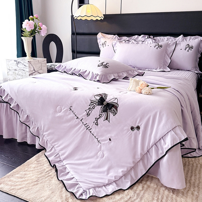 91家纺网 家纺一手货源 找家纺 优贝家纺 2026春夏新款多功能夏被床盖四件套刺绣 赫本-紫