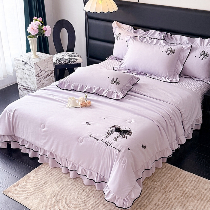 91家纺网 家纺一手货源 找家纺 优贝家纺 2026春夏新款多功能夏被床盖四件套刺绣 赫本-紫