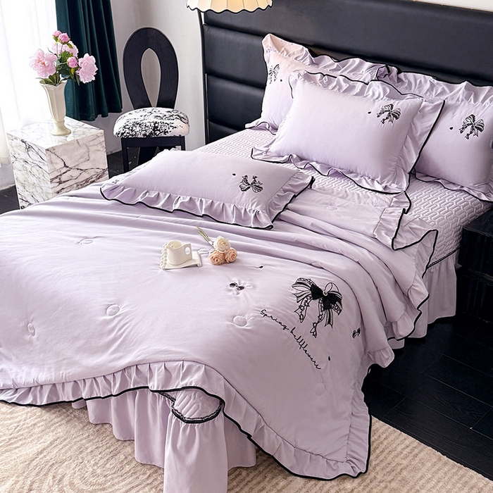 91家纺网 家纺一手货源 找家纺 优贝家纺 2026春夏新款多功能夏被床盖四件套刺绣 赫本-紫