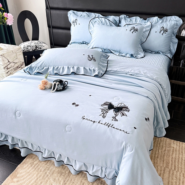 优贝家纺 2026春夏新款多功能夏被床盖四件套刺绣 赫本-兰