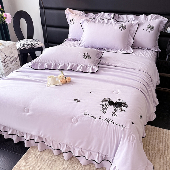 绒棉世家 2026春夏新款多功能夏被床盖四件套刺绣 赫本-紫