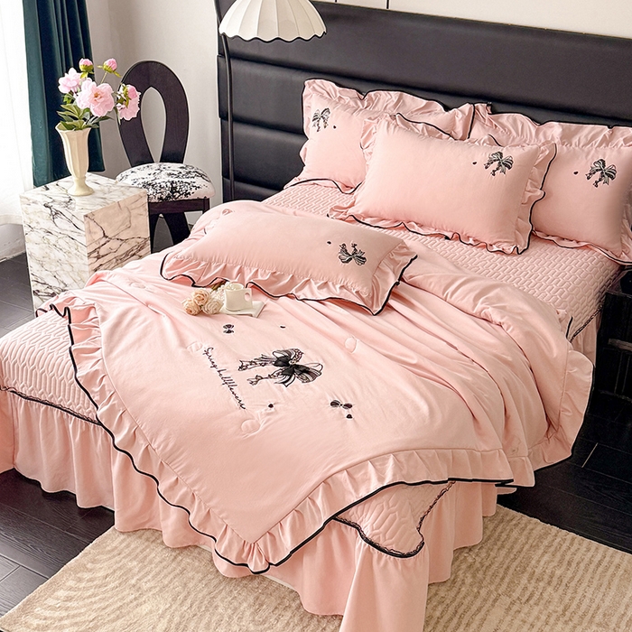 91家纺网 家纺一手货源 找家纺 绒棉世家 2026春夏新款多功能夏被床盖四件套刺绣 赫本-粉