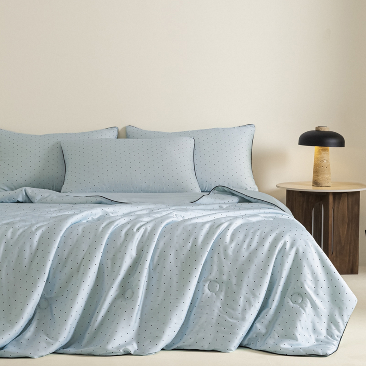 悦织湾家纺 2026新款天丝夏被四件套滚边款冰丝空调被夏凉被夏凉冰爽床上用品三4件套 青雾波点