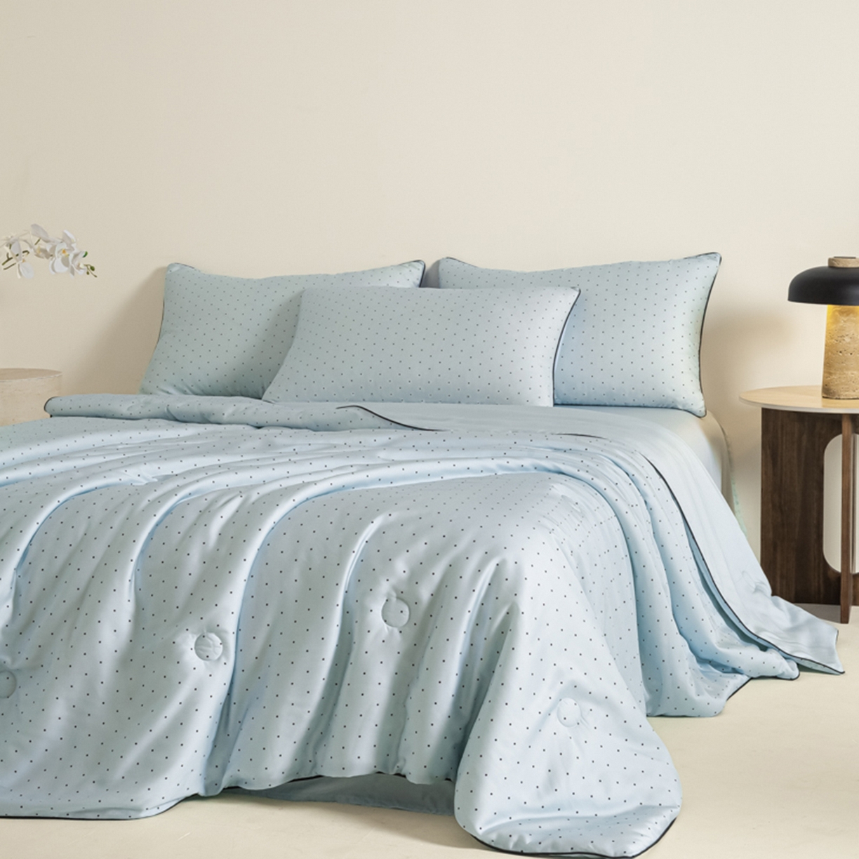 91家纺网 家纺一手货源 找家纺 悦织湾家纺 2026新款天丝夏被四件套滚边款冰丝空调被夏凉被夏凉冰爽床上用品三4件套 青雾波点