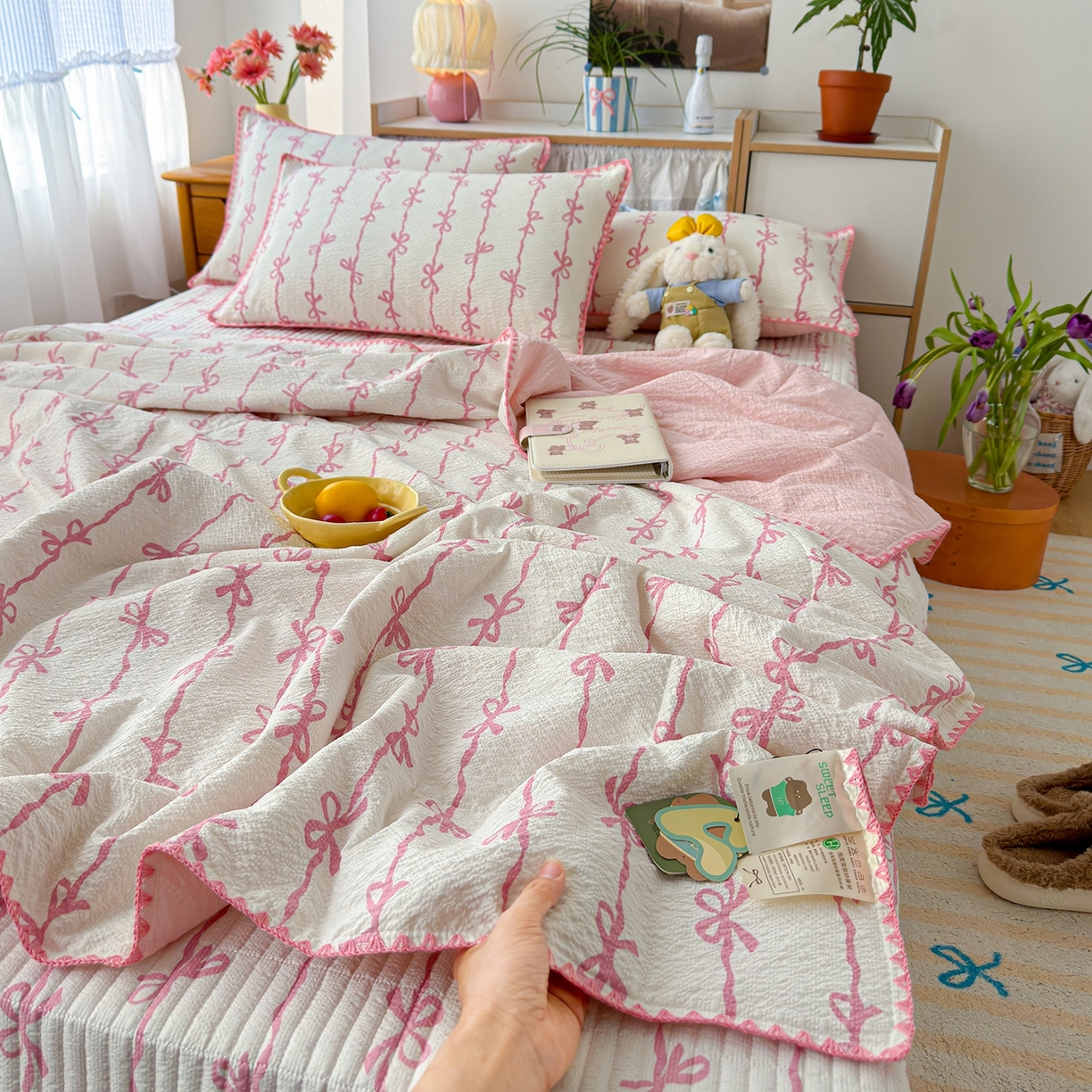 91家纺网 家纺一手货源 找家纺 赫梵茜 2026新款韩系古法韩国水洗棉仿棉云感棉大布袋法式浪漫大花边床盖四件套 焦糖南瓜