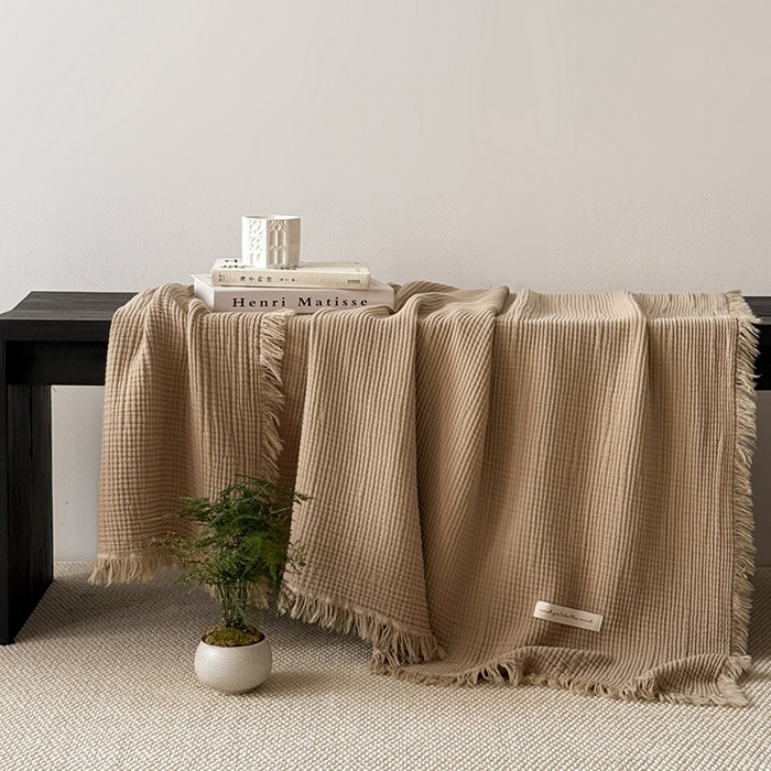 91家纺网 家纺一手货源 找家纺 Mr.pig猪先生水洗棉 2026新款全棉四层纱毯子（展示价格为控价，实际价格请联系客服） 咖喱