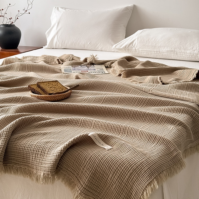 91家纺网 家纺一手货源 找家纺 Mr.pig猪先生水洗棉 2026新款全棉四层纱毯子（展示价格为控价，实际价格请联系客服） 咖喱