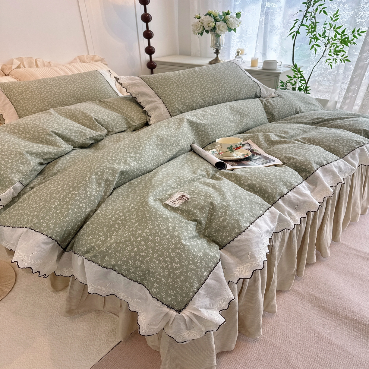 91家纺网 家纺一手货源 找家纺 菊上家纺 2026新款全棉复古小碎花花边款系列 春绿