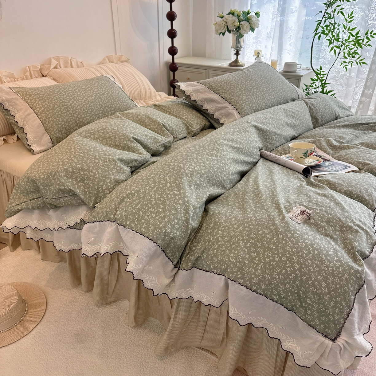 91家纺网 家纺一手货源 找家纺 菊上家纺 2026新款全棉复古小碎花花边款系列 春绿