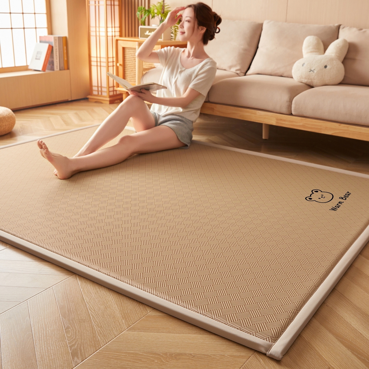 91家纺网 家纺一手货源 找家纺 畅畅家纺 2026新款纯色凉感冰丝地垫多规格时尚凉席可爱熊地垫床垫（厚度1.5cm） 可爱熊咖色