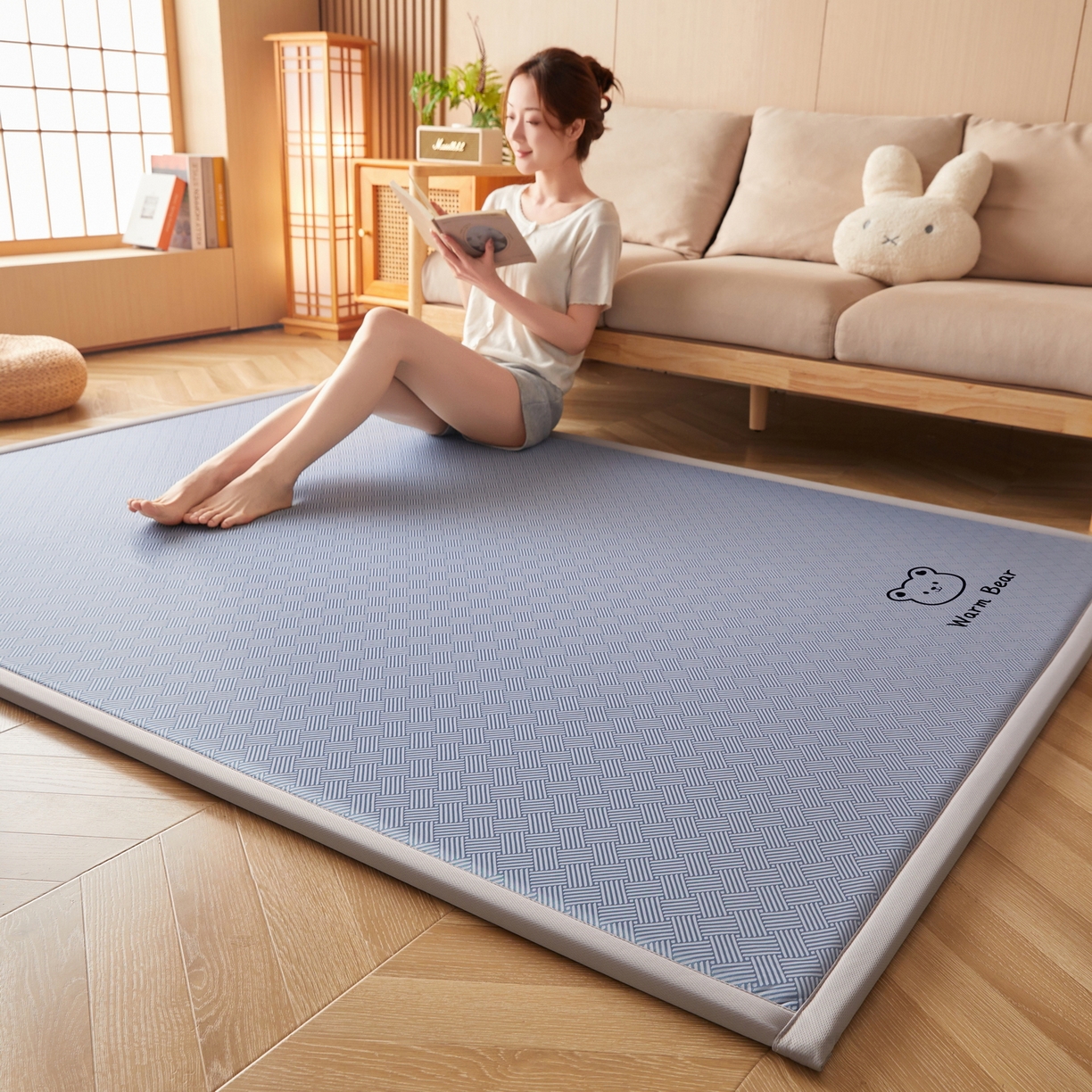畅畅家纺 2026新款纯色凉感冰丝地垫多规格时尚凉席可爱熊地垫床垫（厚度1.5cm） 可爱熊蓝色