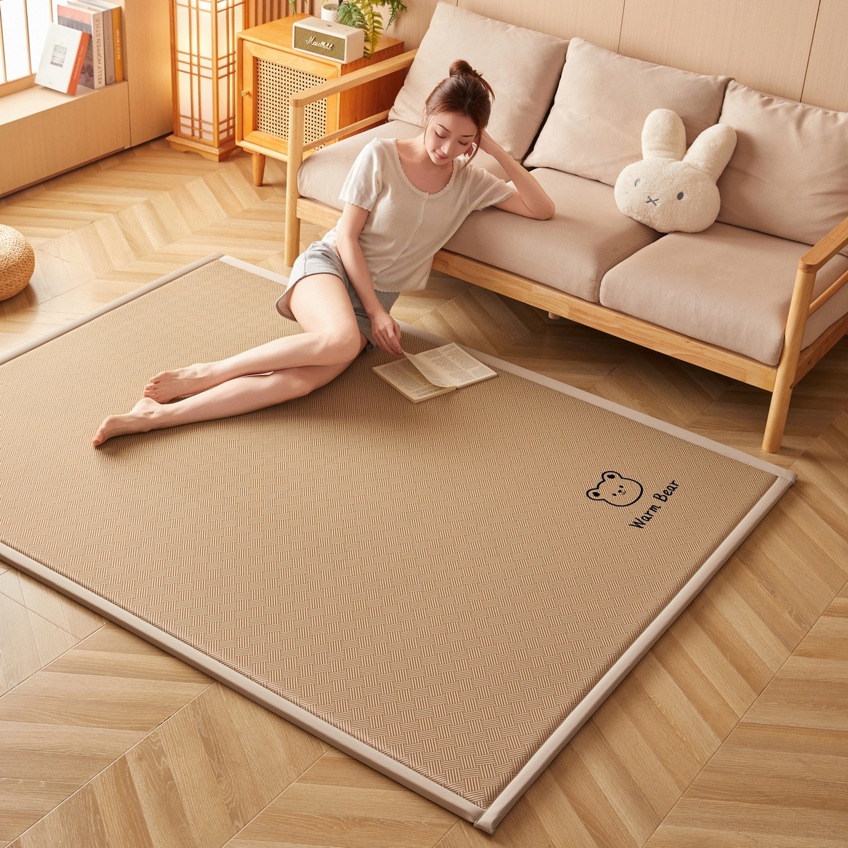 91家纺网 家纺一手货源 找家纺 畅畅家纺 2026新款纯色凉感冰丝地垫多规格时尚凉席可爱熊地垫床垫（厚度1.5cm） 可爱熊咖色