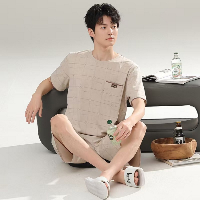 91家纺网 家纺一手货源 找家纺 （总）洛兰沙家居馆 无印风素色男款莫代尔短袖短裤家居服休闲宽松舒适大码可外穿