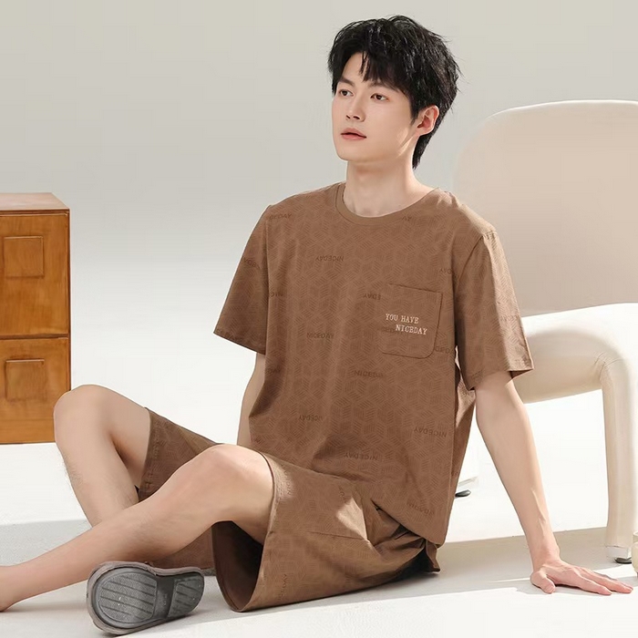 91家纺网 家纺一手货源 找家纺 （总）洛兰沙家居馆 无印风素色男款莫代尔短袖短裤家居服休闲宽松舒适大码可外穿