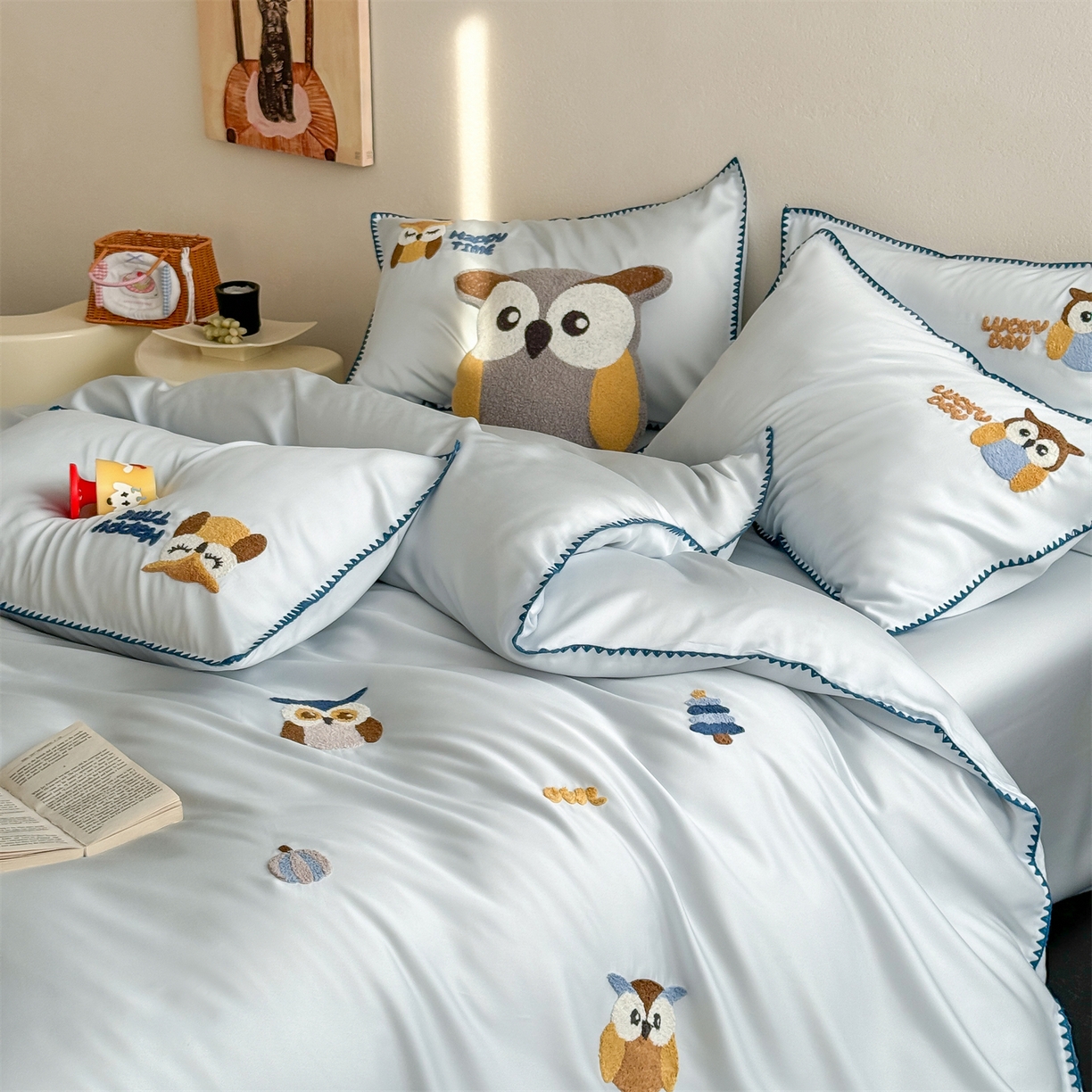 91家纺网 家纺一手货源 找家纺 （总）FORTWO家纺原创设计（FOR TWO家纺） 2026新款60天丝毛巾绣贝壳针四件套猫头鹰（券前）基础价不低于小号288元，中号358元，大号398元 床笠加10元