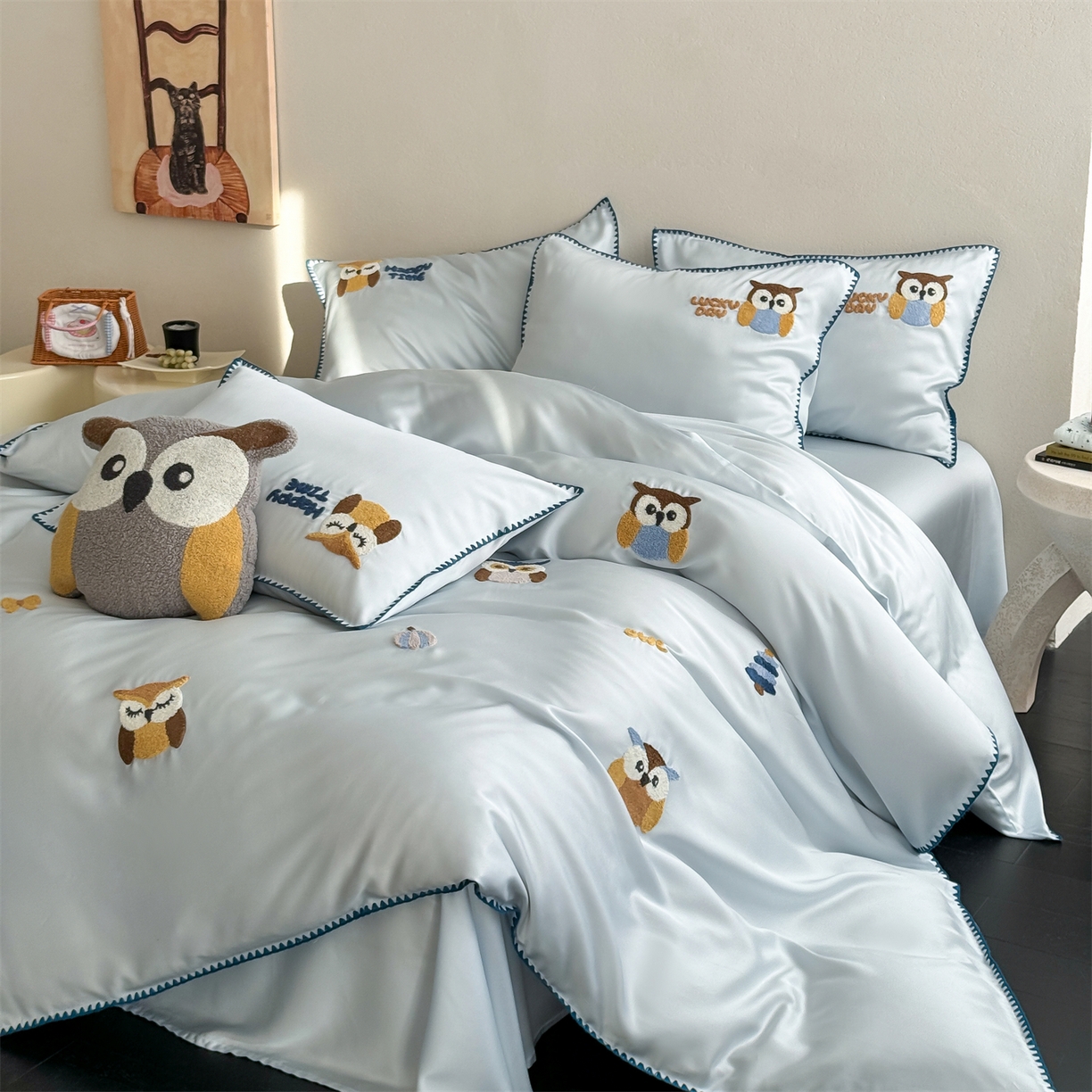 91家纺网 家纺一手货源 找家纺 （总）FORTWO家纺原创设计（FOR TWO家纺） 2026新款60天丝毛巾绣贝壳针四件套猫头鹰（券前）基础价不低于小号288元，中号358元，大号398元 床笠加10元